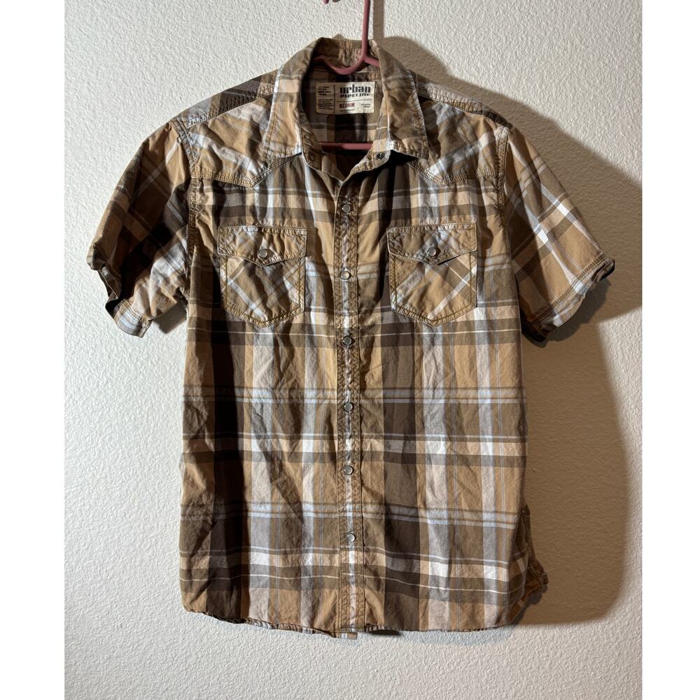 Urban Pipeline Men's Size M Brown Plaid Pearl Snap Button-Up Short Sleeve Shirt